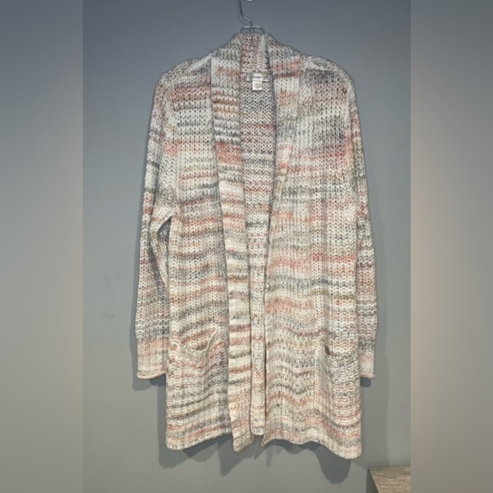 CJ Banks Cream Grey Coral Soft Cardigan Sweater Open Front Knit Crochet Acrylic
